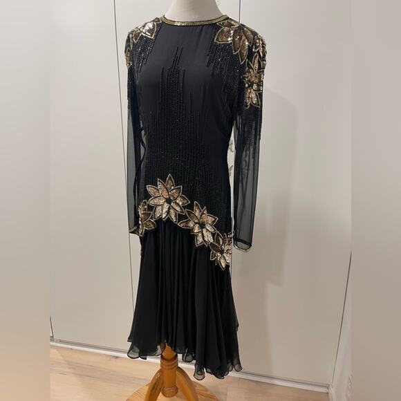 Vintage 90s Dress Sequin Beaded Party Cocktail Formals Red Carpet Black Gold s/6 - Picture 3 of 14